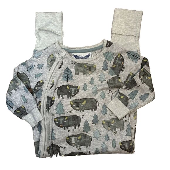 Little Wings by Paper Wings 12M Organic Cotton Sleeper Buffalo Trees Gray Zippie - Picture 2 of 10